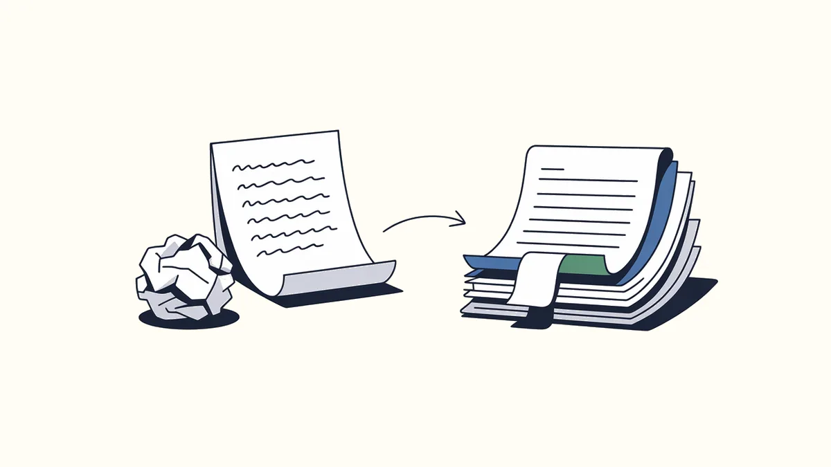 左に丸めた走り書きのメモ、右に整えて並べた書類があり、その間を矢印がつないでいるイラスト