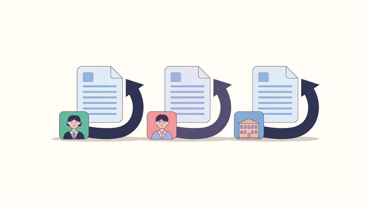 3枚の書類のうち、左2枚が人のアイコン、右1枚が建物のアイコンに傾いているイラスト