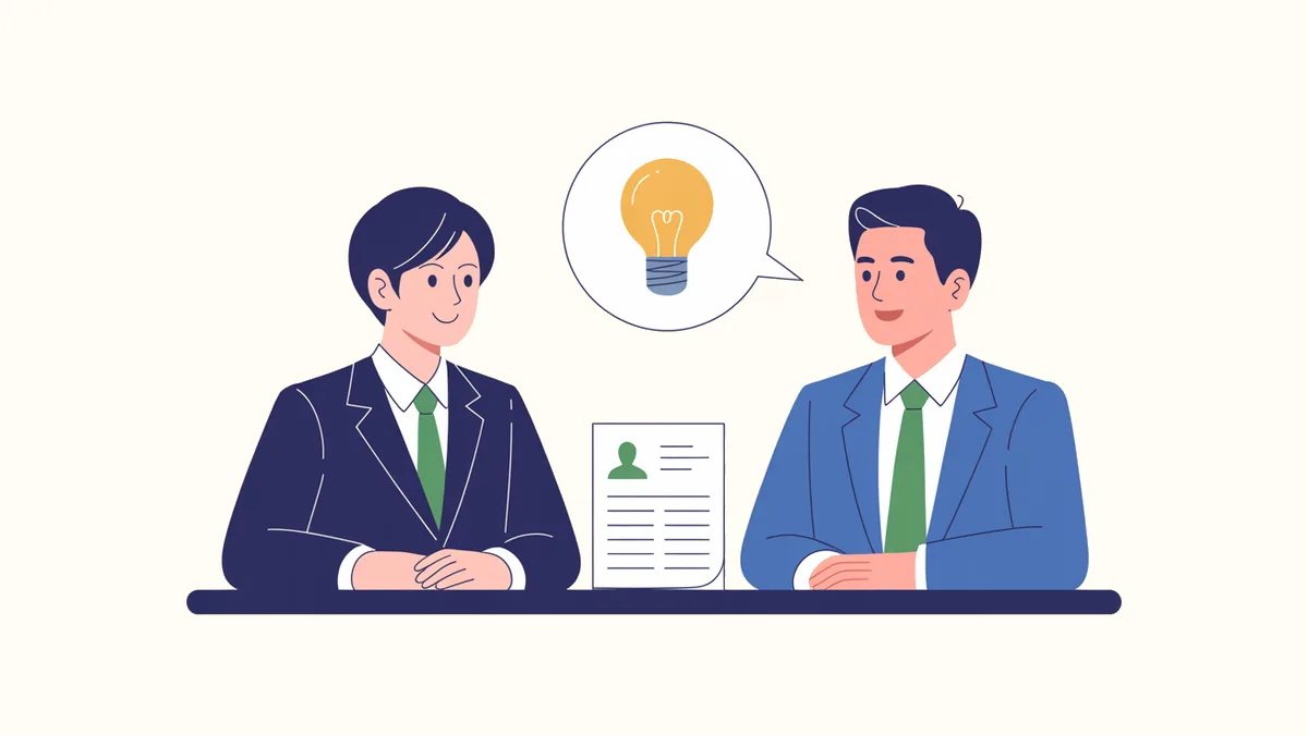 机をはさんで学生と面接官が向かい合い、電球の吹き出しが出ているイラスト