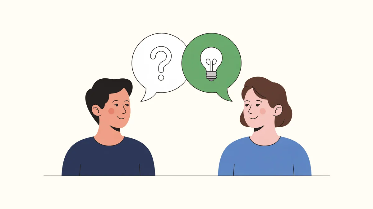 疑問符の入った吹き出しと電球の入った吹き出しを挟んで、2人が向かい合って話しているイラスト