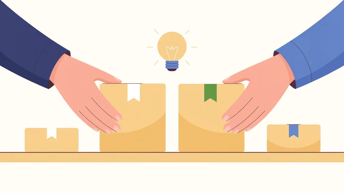 棚の上の箱を左右から伸びた手が整え、その上で小さな電球が灯っているイラスト