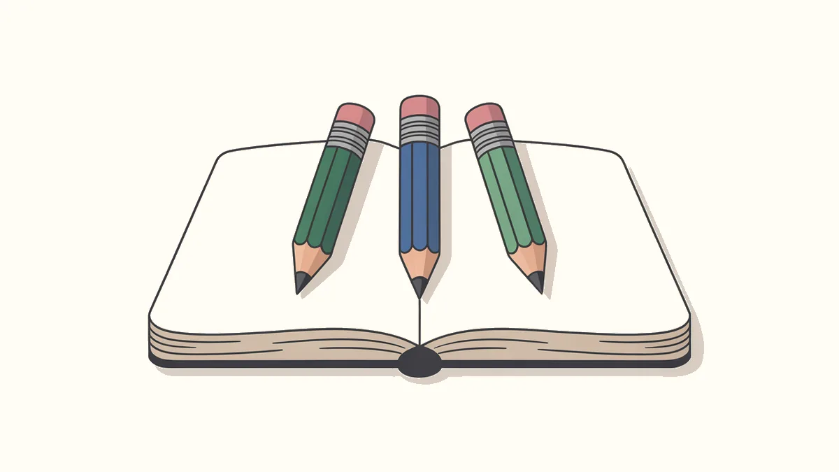 開いたノートの上に、長さの少し違う3本の鉛筆が並んでいるイラスト