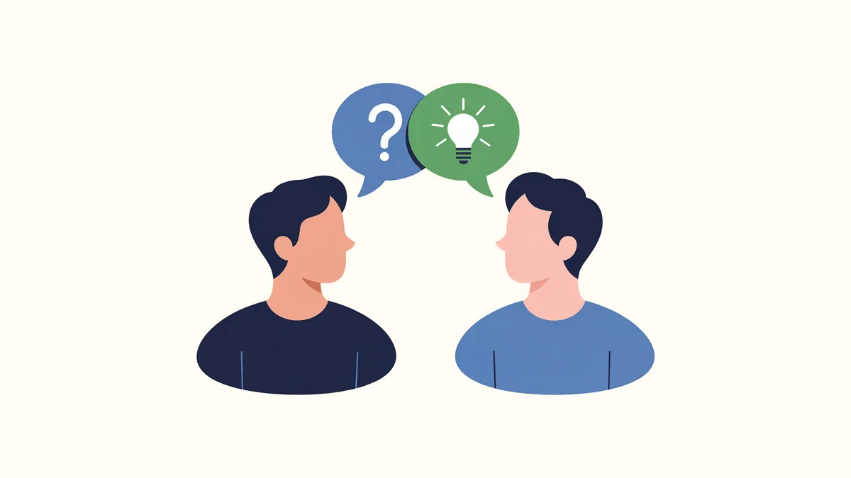 向かい合う2人の間で、疑問符の吹き出しと電球の吹き出しが並んでいるイラスト