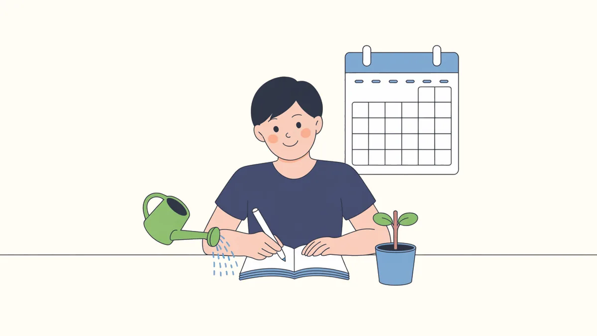 カレンダーの横で、ノートに記録をつけている人物と、小さな植木鉢、じょうろが描かれたイラスト