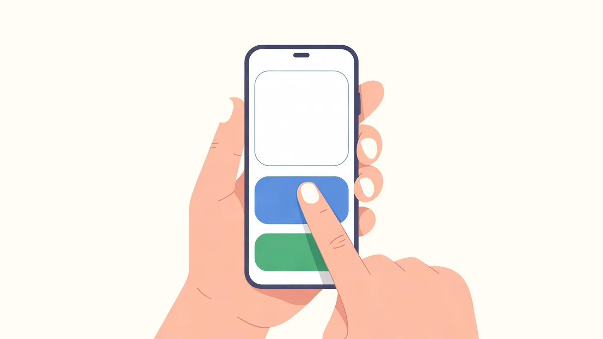手に持ったスマートフォンの画面に空の入力欄とボタンが並び、指先が青いボタンに触れているイラスト